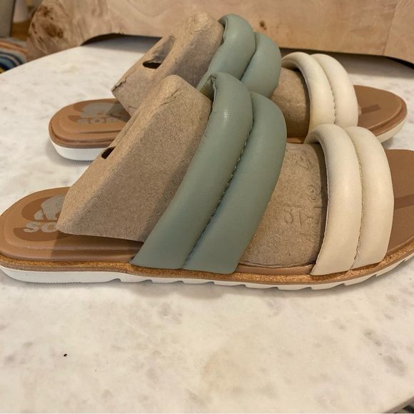 Sorel Ella II Puffer Slide Sandals Black Flat Sole Leather Cream & Green Size 6 - Picture 10 of 11